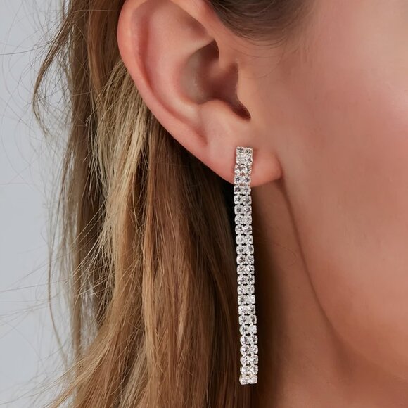 Windsor ✦ Glam Rhinestone Necklace & Earrings Set ✦ T-Shaped Silver Design NWT - Picture 2 of 6